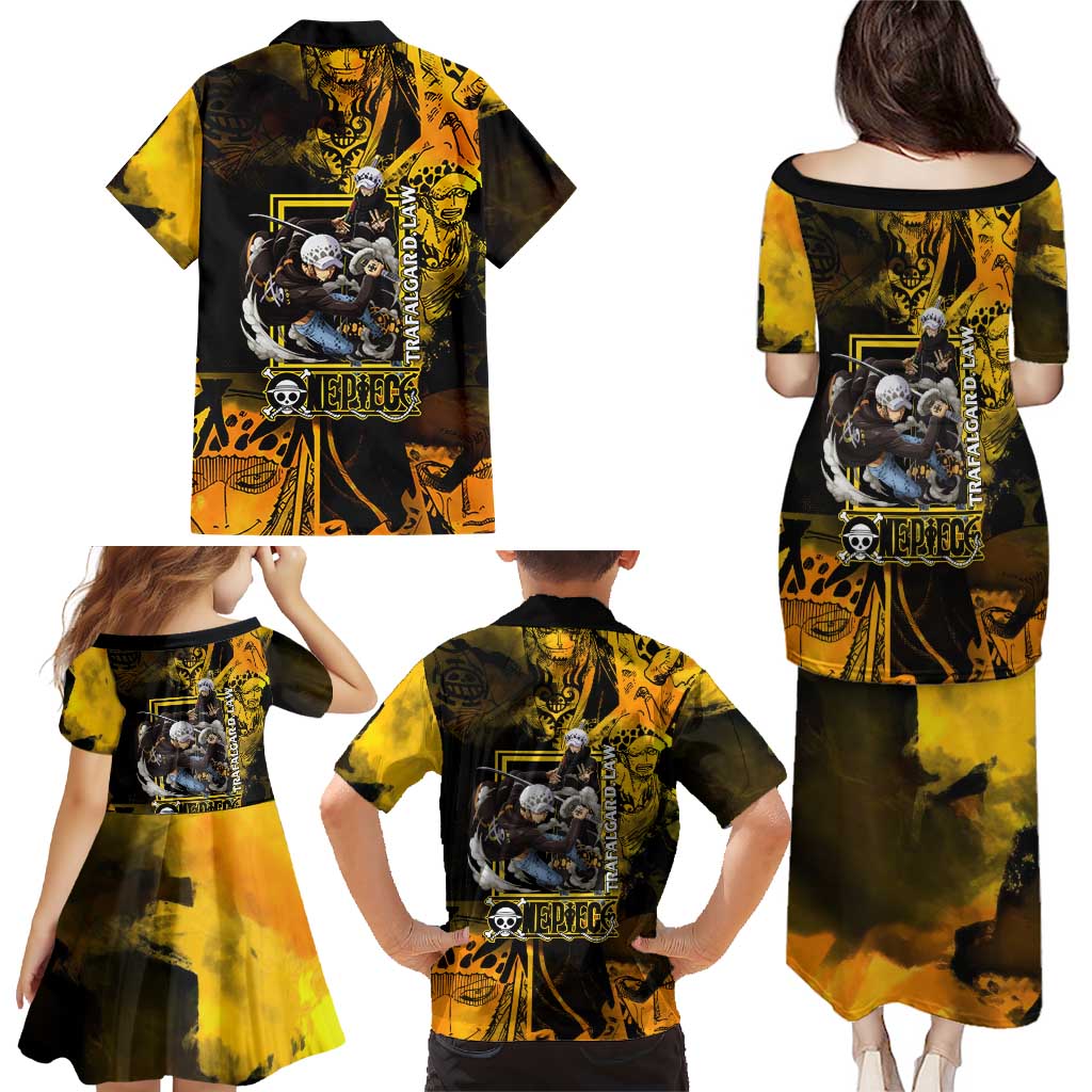 Trafalgar Law One Piece Yellow and Black Theme Family Matching Puletasi and Hawaiian Shirt with Jolly Roger Symbol and Manga Panel Design
