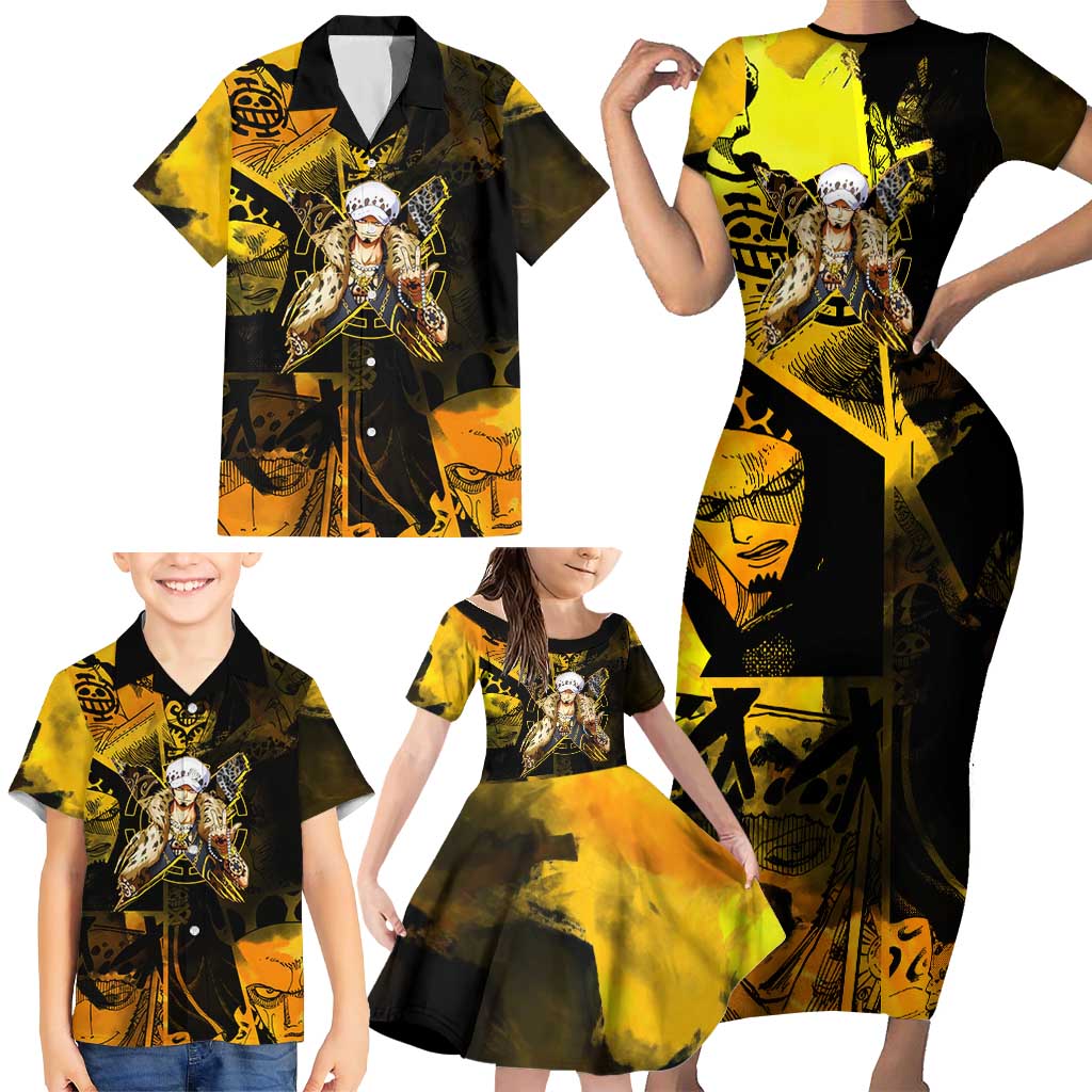 Trafalgar Law One Piece Yellow and Black Theme Family Matching Short Sleeve Bodycon Dress and Hawaiian Shirt with Jolly Roger Symbol and Manga Panel Design