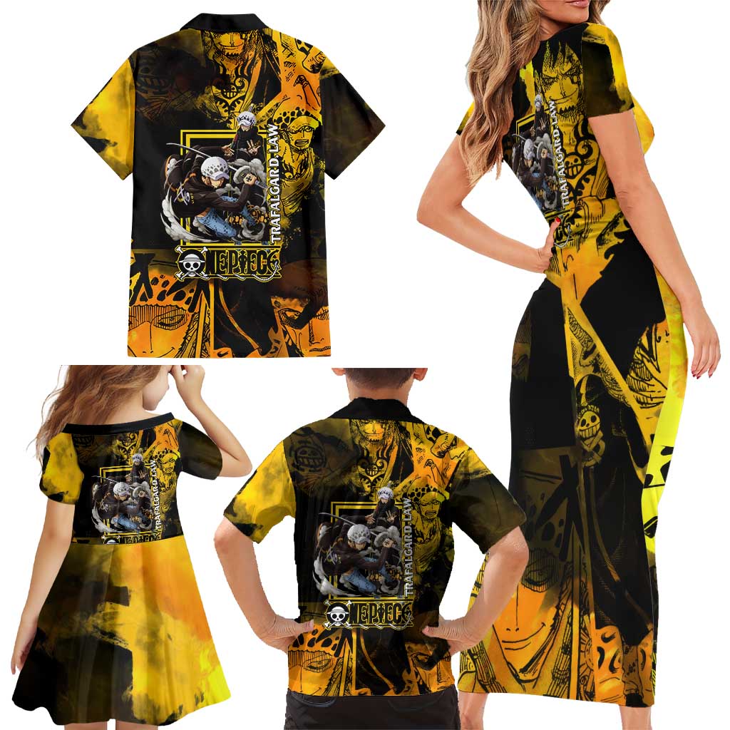 Trafalgar Law One Piece Yellow and Black Theme Family Matching Short Sleeve Bodycon Dress and Hawaiian Shirt with Jolly Roger Symbol and Manga Panel Design