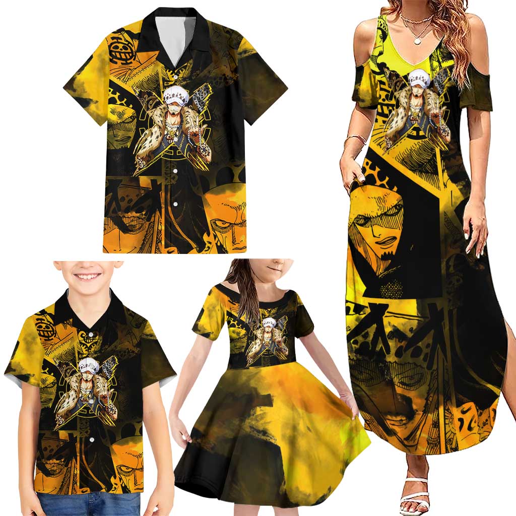 Trafalgar Law One Piece Yellow and Black Theme Family Matching Summer Maxi Dress and Hawaiian Shirt with Jolly Roger Symbol and Manga Panel Design