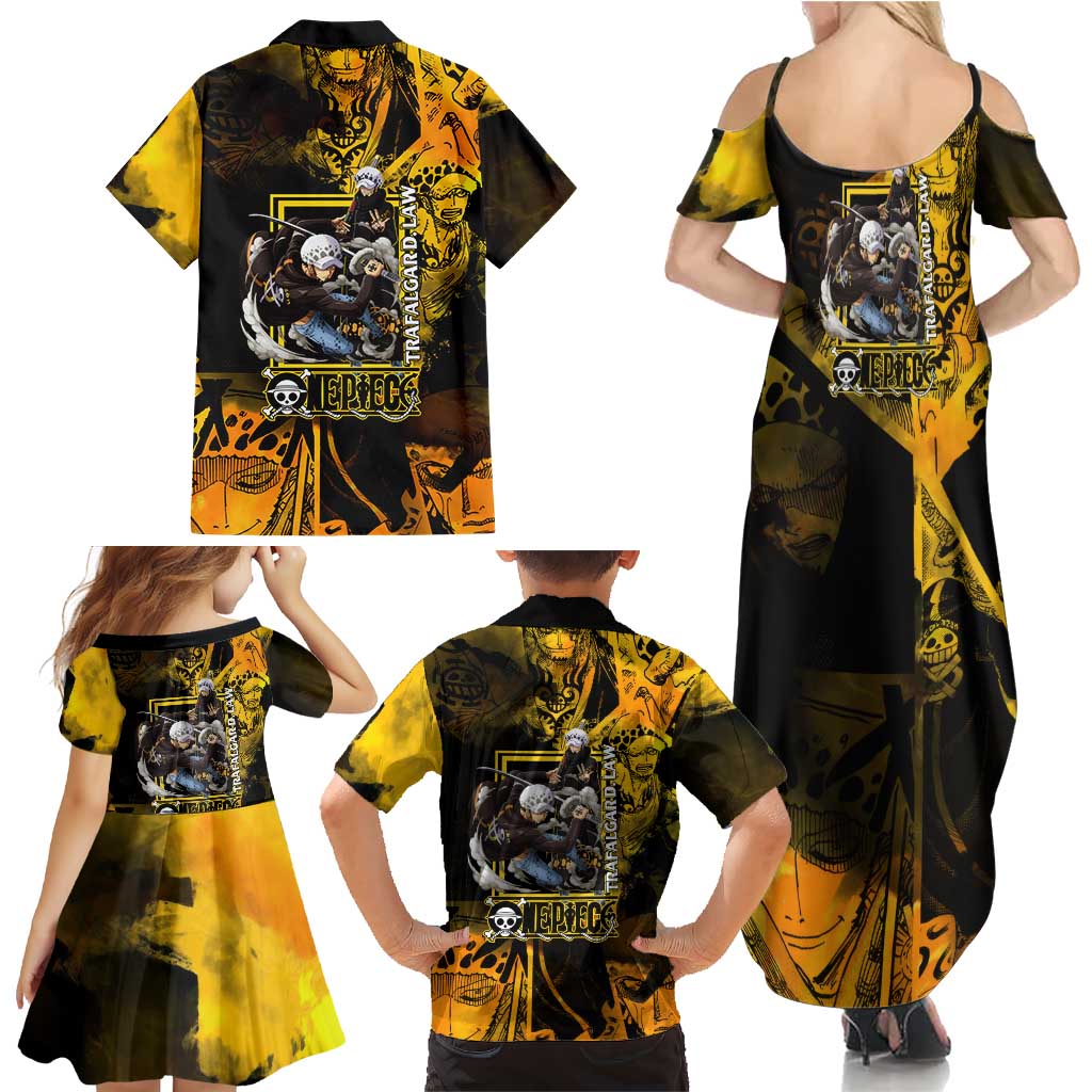 Trafalgar Law One Piece Yellow and Black Theme Family Matching Summer Maxi Dress and Hawaiian Shirt with Jolly Roger Symbol and Manga Panel Design