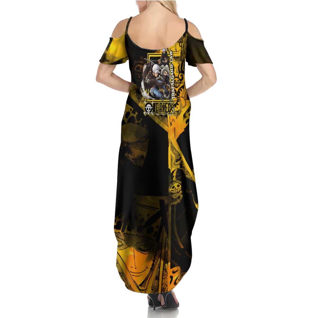 Trafalgar Law One Piece Yellow and Black Theme Family Matching Summer Maxi Dress and Hawaiian Shirt with Jolly Roger Symbol and Manga Panel Design