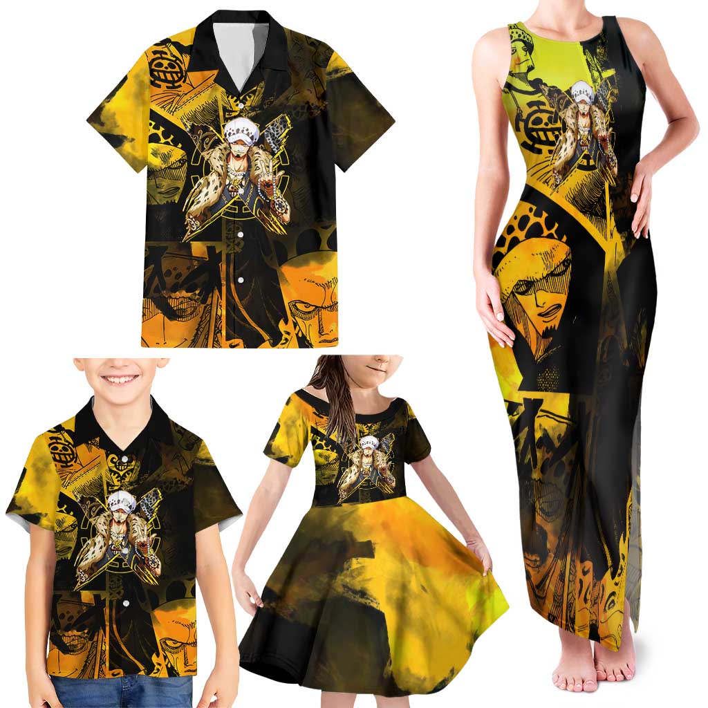 Trafalgar Law One Piece Yellow and Black Theme Family Matching Tank Maxi Dress and Hawaiian Shirt with Jolly Roger Symbol and Manga Panel Design