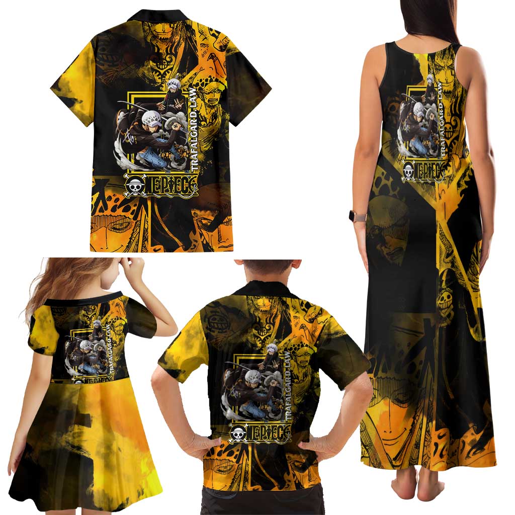 Trafalgar Law One Piece Yellow and Black Theme Family Matching Tank Maxi Dress and Hawaiian Shirt with Jolly Roger Symbol and Manga Panel Design