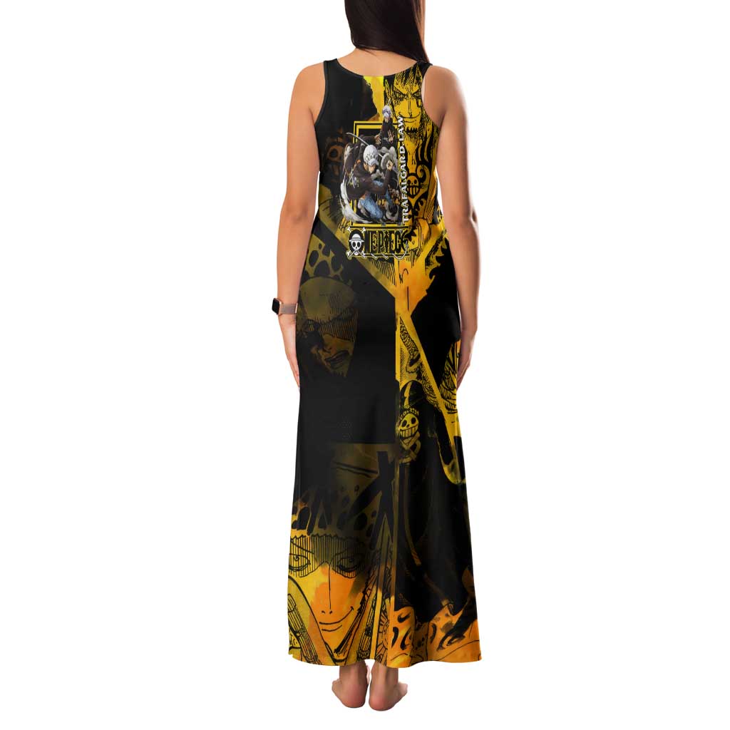 Trafalgar Law One Piece Yellow and Black Theme Family Matching Tank Maxi Dress and Hawaiian Shirt with Jolly Roger Symbol and Manga Panel Design