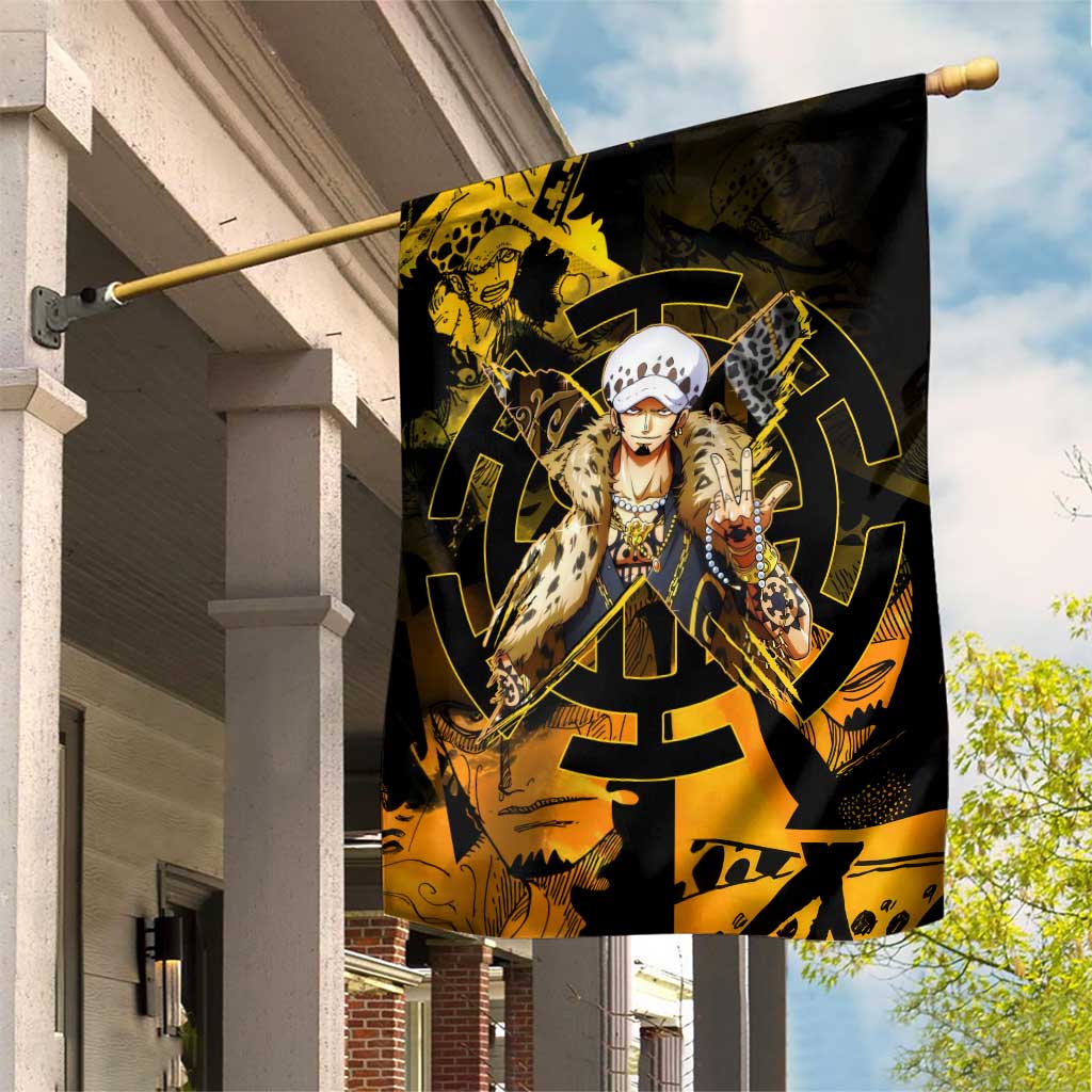 Trafalgar Law One Piece Yellow and Black Theme Garden Flag with Jolly Roger Symbol and Manga Panel Design - The Mazicc
