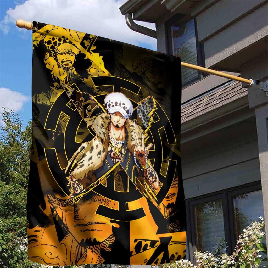 Trafalgar Law One Piece Yellow and Black Theme Garden Flag with Jolly Roger Symbol and Manga Panel Design - The Mazicc
