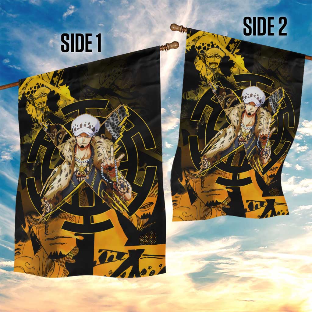 Trafalgar Law One Piece Yellow and Black Theme Garden Flag with Jolly Roger Symbol and Manga Panel Design - The Mazicc