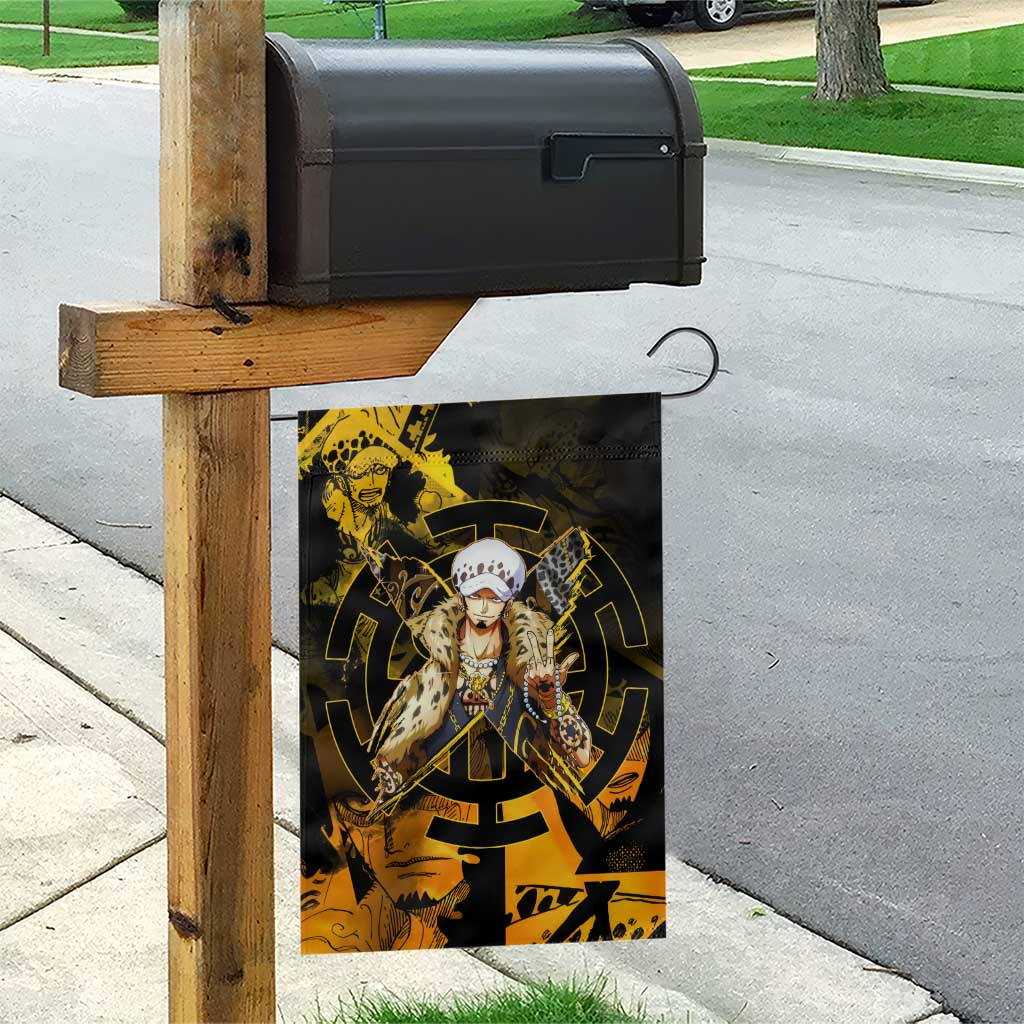 Trafalgar Law One Piece Yellow and Black Theme Garden Flag with Jolly Roger Symbol and Manga Panel Design - The Mazicc