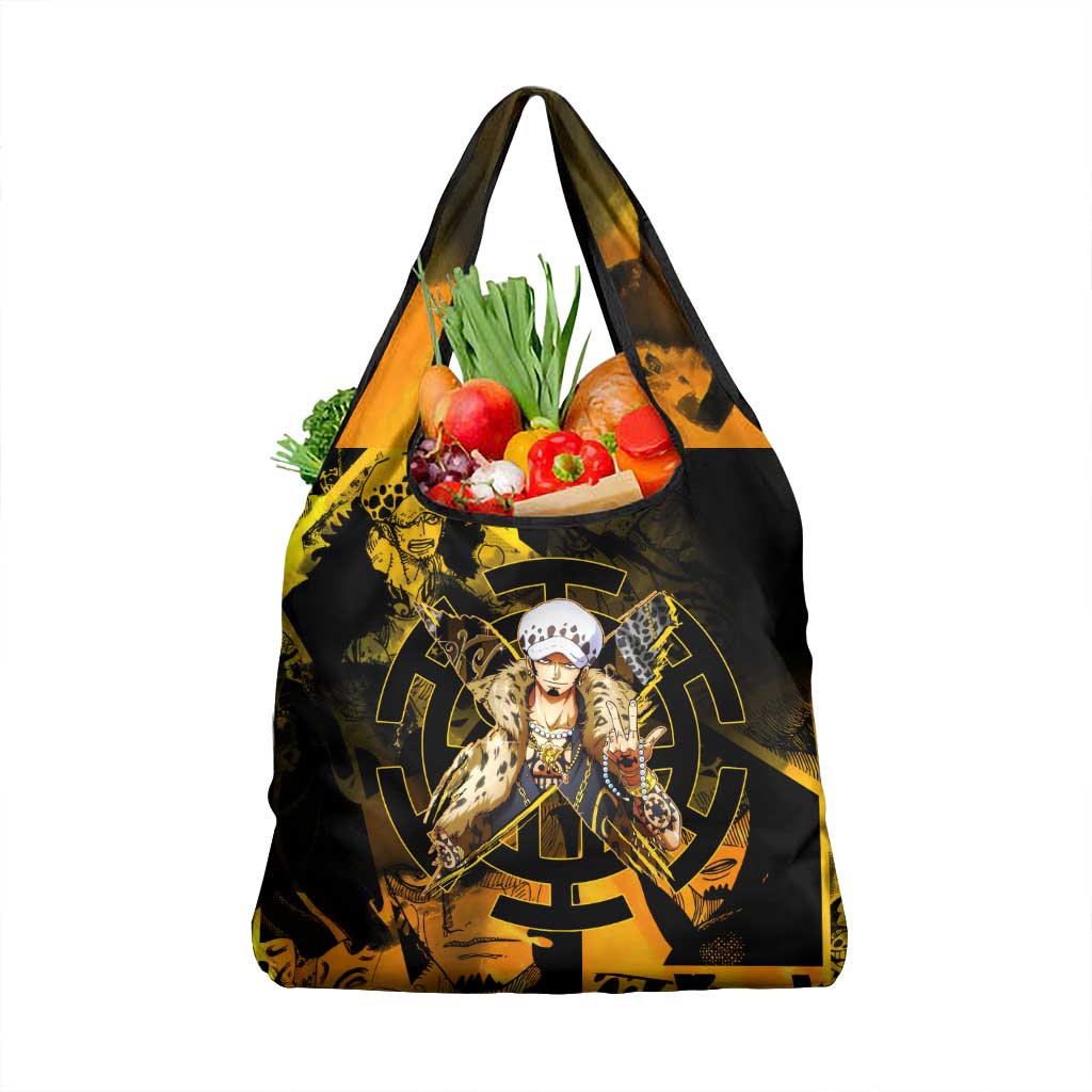 Trafalgar Law One Piece Yellow and Black Theme Grocery Bag with Jolly Roger Symbol and Manga Panel Design - The Mazicc