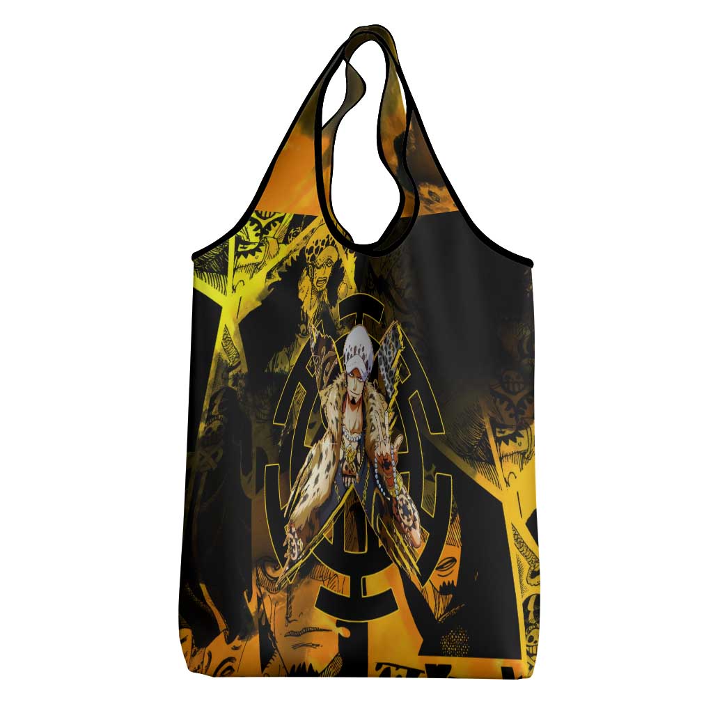 Trafalgar Law One Piece Yellow and Black Theme Grocery Bag with Jolly Roger Symbol and Manga Panel Design - The Mazicc