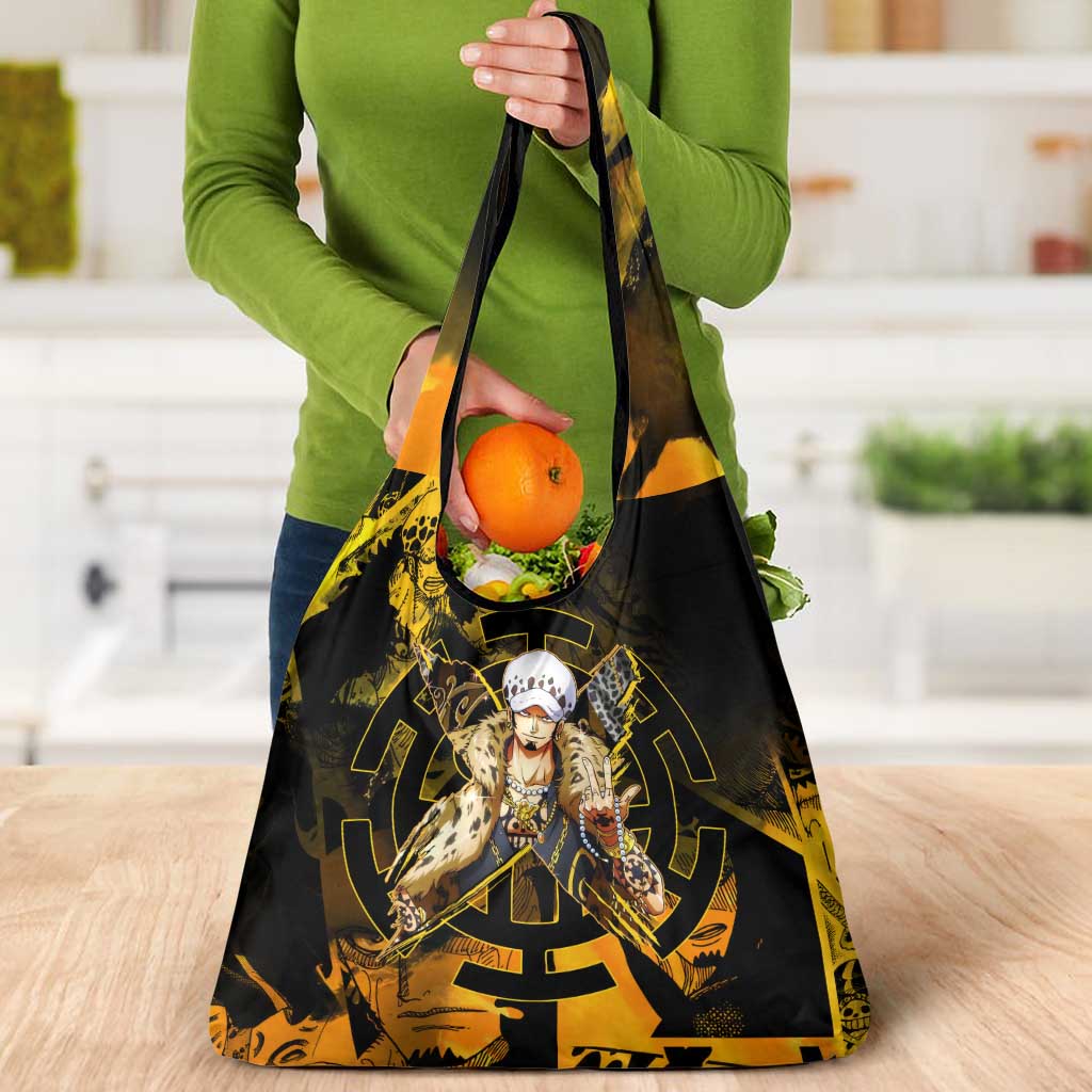 Trafalgar Law One Piece Yellow and Black Theme Grocery Bag with Jolly Roger Symbol and Manga Panel Design - The Mazicc