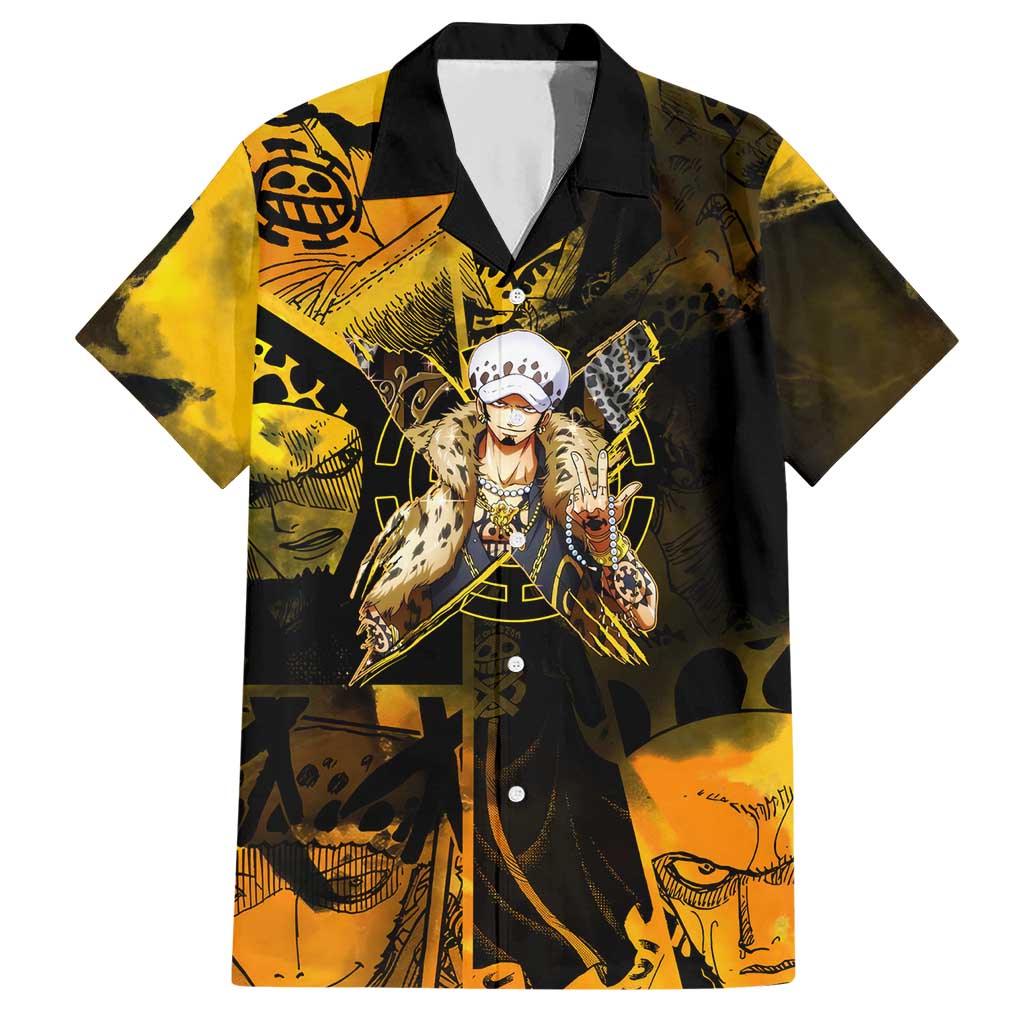 Trafalgar Law One Piece Yellow and Black Theme Hawaiian Shirt with Jolly Roger Symbol and Manga Panel Design - The Mazicc