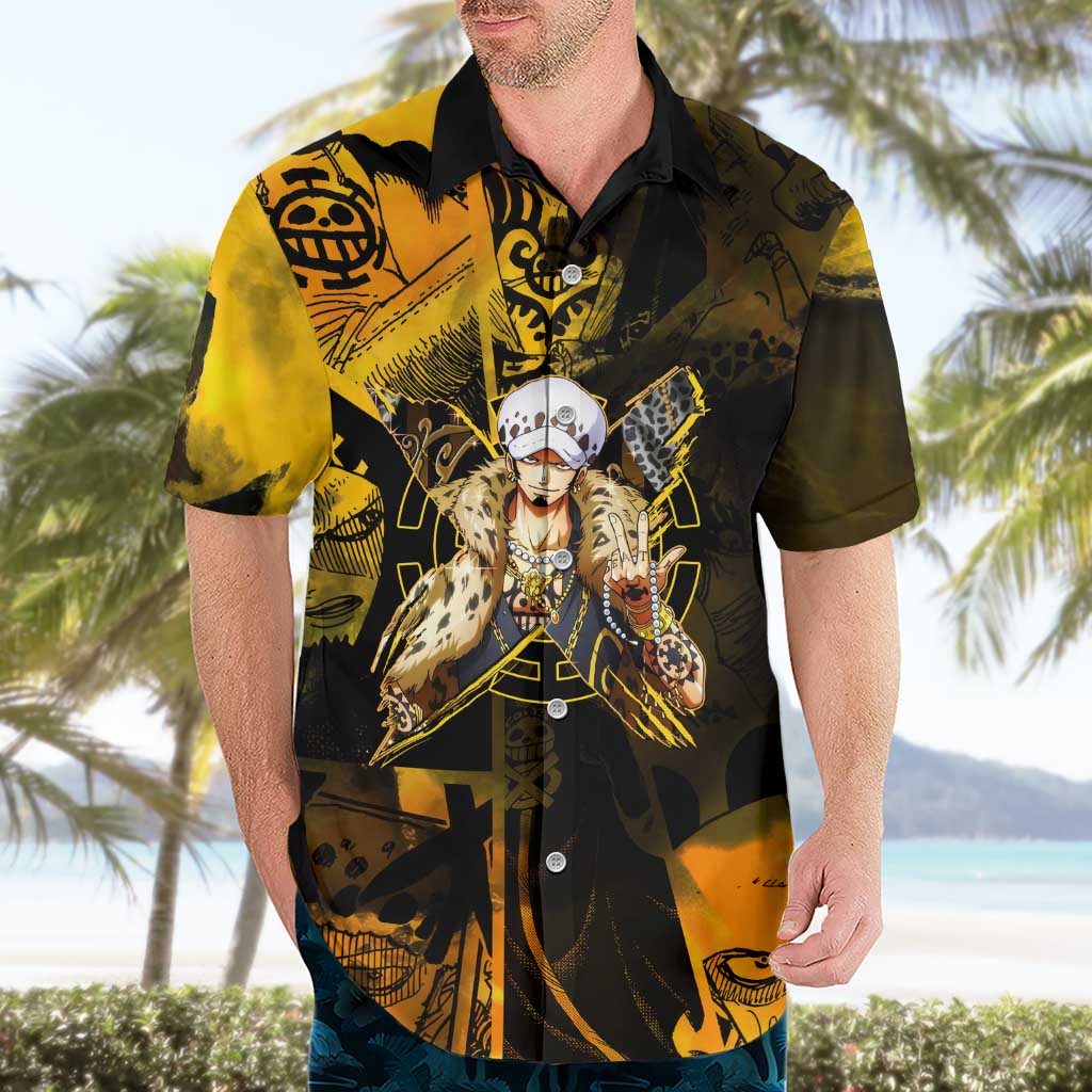 Trafalgar Law One Piece Yellow and Black Theme Hawaiian Shirt with Jolly Roger Symbol and Manga Panel Design - The Mazicc