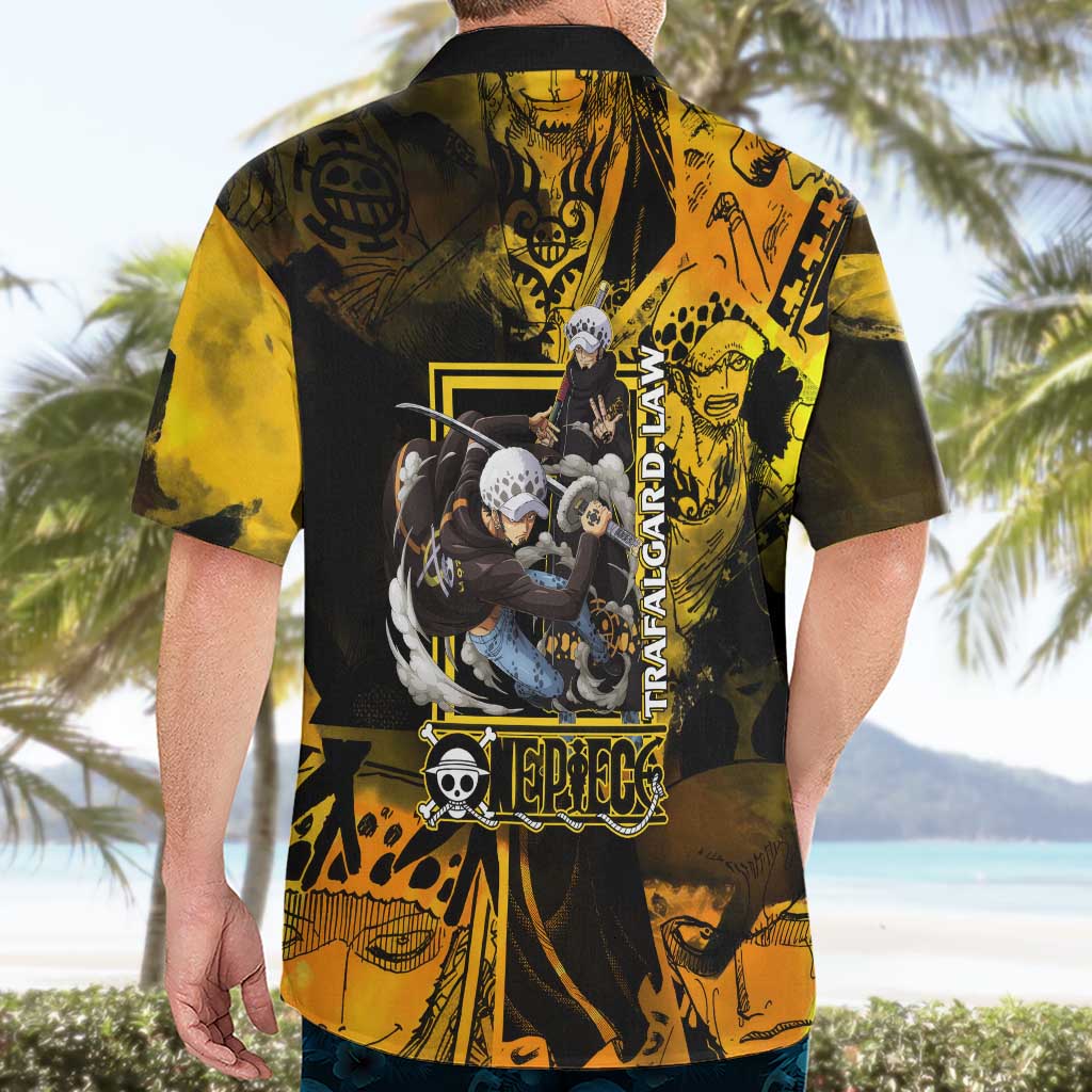 Trafalgar Law One Piece Yellow and Black Theme Hawaiian Shirt with Jolly Roger Symbol and Manga Panel Design - The Mazicc