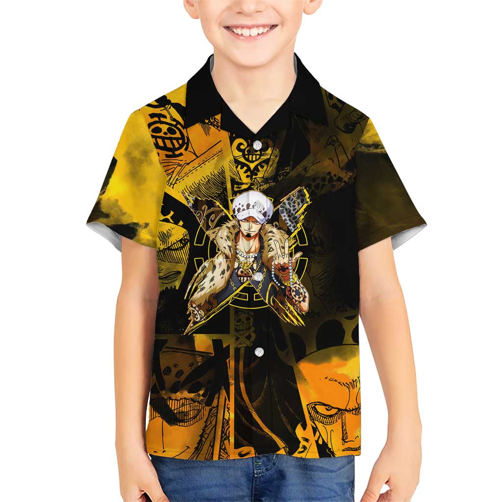 Trafalgar Law One Piece Yellow and Black Theme Hawaiian Shirt with Jolly Roger Symbol and Manga Panel Design - The Mazicc