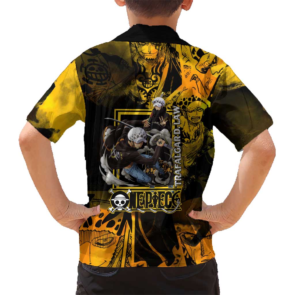 Trafalgar Law One Piece Yellow and Black Theme Hawaiian Shirt with Jolly Roger Symbol and Manga Panel Design - The Mazicc