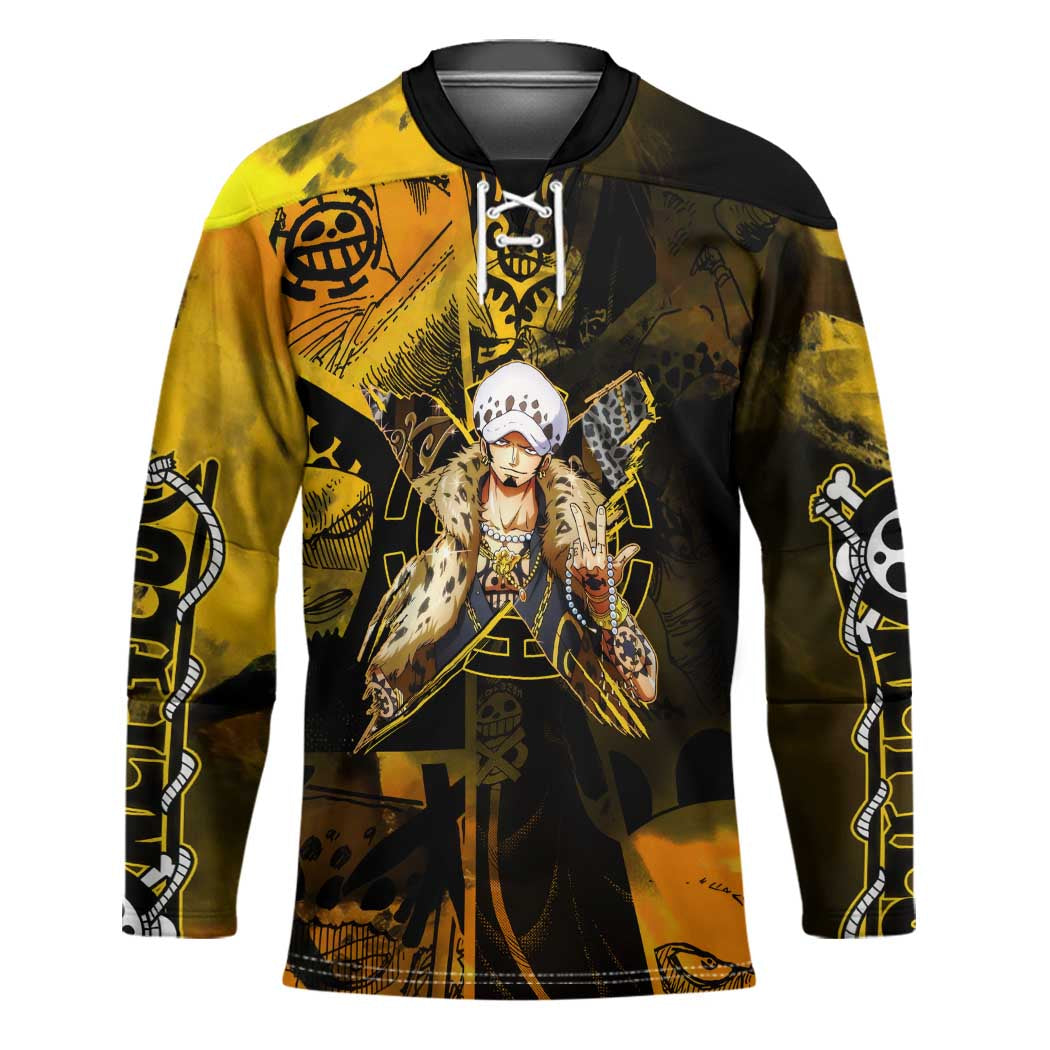 Trafalgar Law One Piece Yellow and Black Theme Hockey Jersey with Jolly Roger Symbol and Manga Panel Design - The Mazicc
