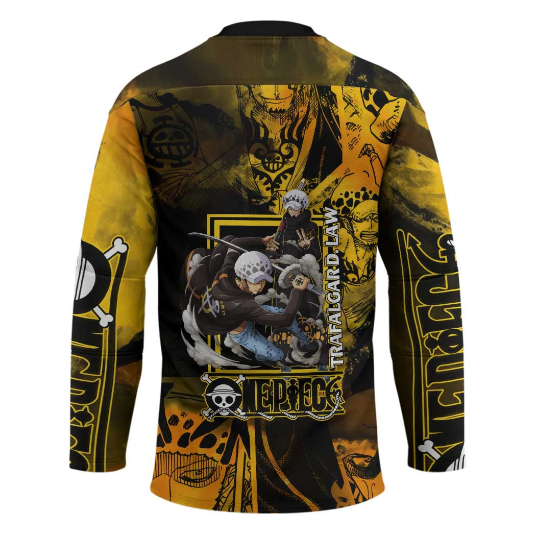 Trafalgar Law One Piece Yellow and Black Theme Hockey Jersey with Jolly Roger Symbol and Manga Panel Design - The Mazicc