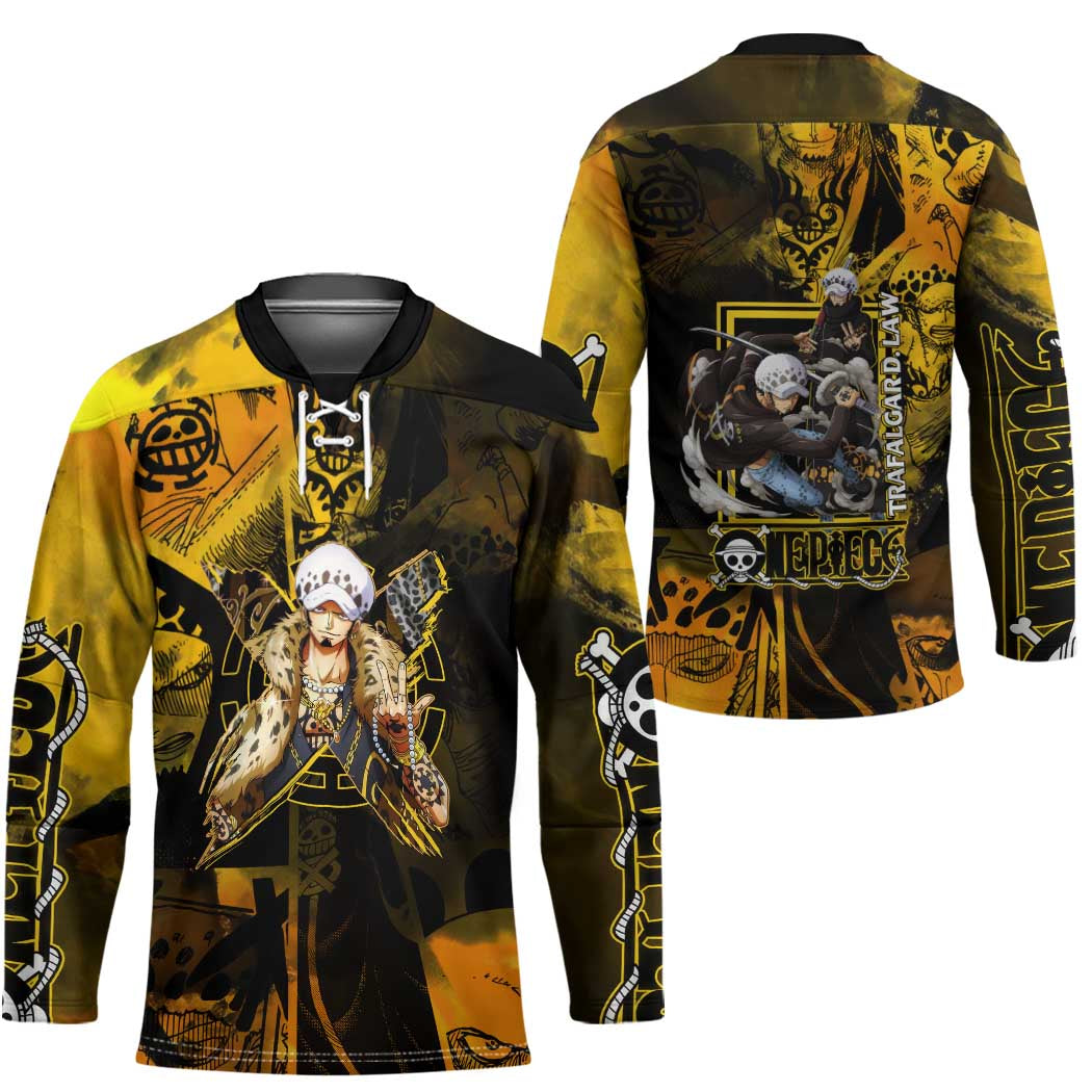 Trafalgar Law One Piece Yellow and Black Theme Hockey Jersey with Jolly Roger Symbol and Manga Panel Design - The Mazicc