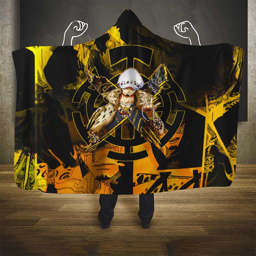 Trafalgar Law One Piece Yellow and Black Theme Hooded Blanket with Jolly Roger Symbol and Manga Panel Design - The Mazicc