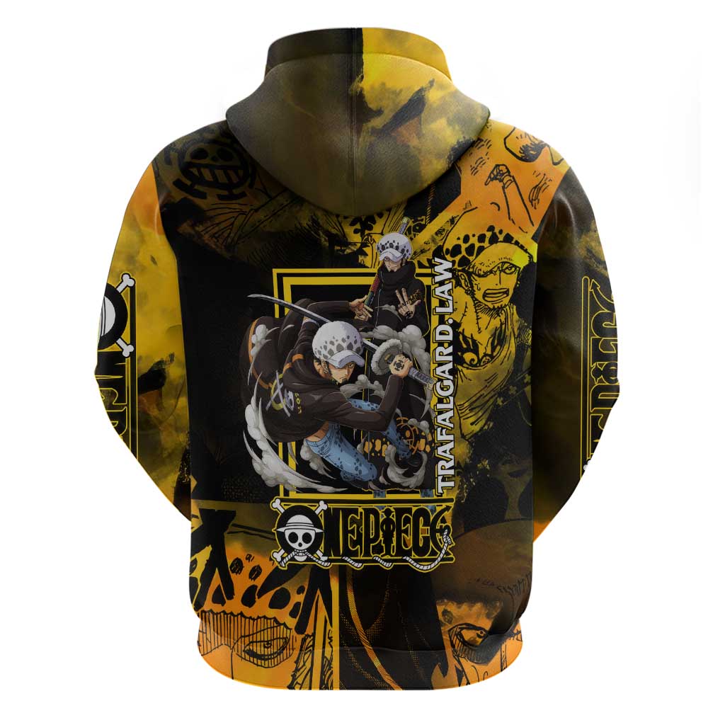 Trafalgar Law One Piece Yellow and Black Theme Hoodie with Jolly Roger Symbol and Manga Panel Design - The Mazicc