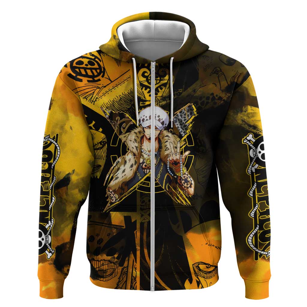 Trafalgar Law One Piece Yellow and Black Theme Hoodie with Jolly Roger Symbol and Manga Panel Design - The Mazicc
