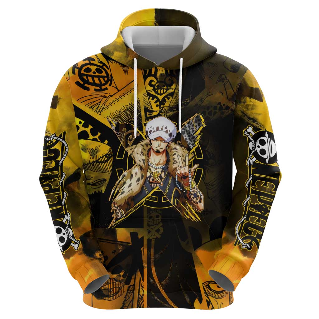 Trafalgar Law One Piece Yellow and Black Theme Hoodie with Jolly Roger Symbol and Manga Panel Design - The Mazicc
