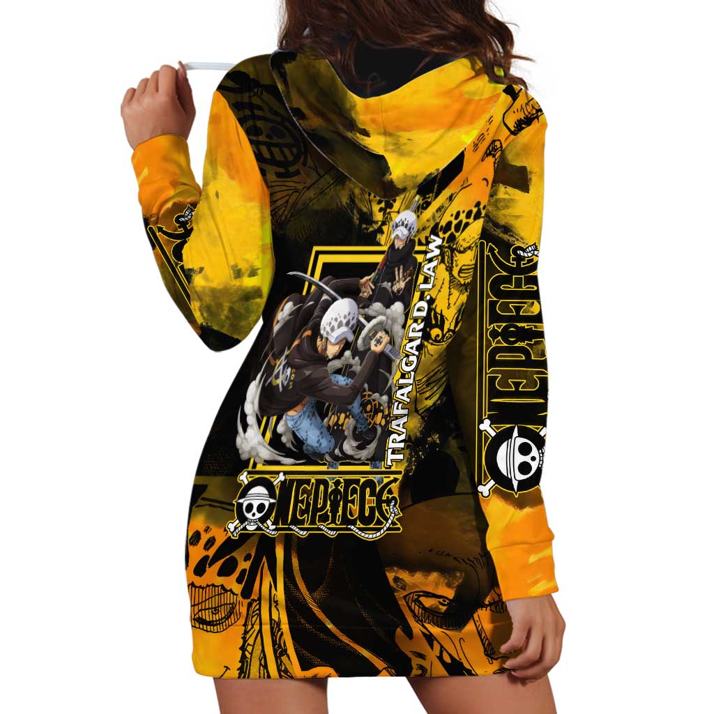 Trafalgar Law One Piece Yellow and Black Theme Hoodie Dress with Jolly Roger Symbol and Manga Panel Design - The Mazicc