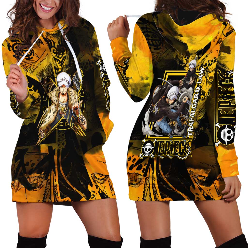 Trafalgar Law One Piece Yellow and Black Theme Hoodie Dress with Jolly Roger Symbol and Manga Panel Design - The Mazicc