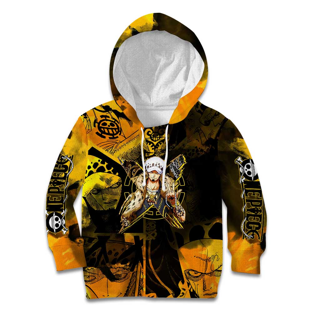 Trafalgar Law One Piece Yellow and Black Theme Kid Hoodie with Jolly Roger Symbol and Manga Panel Design - The Mazicc