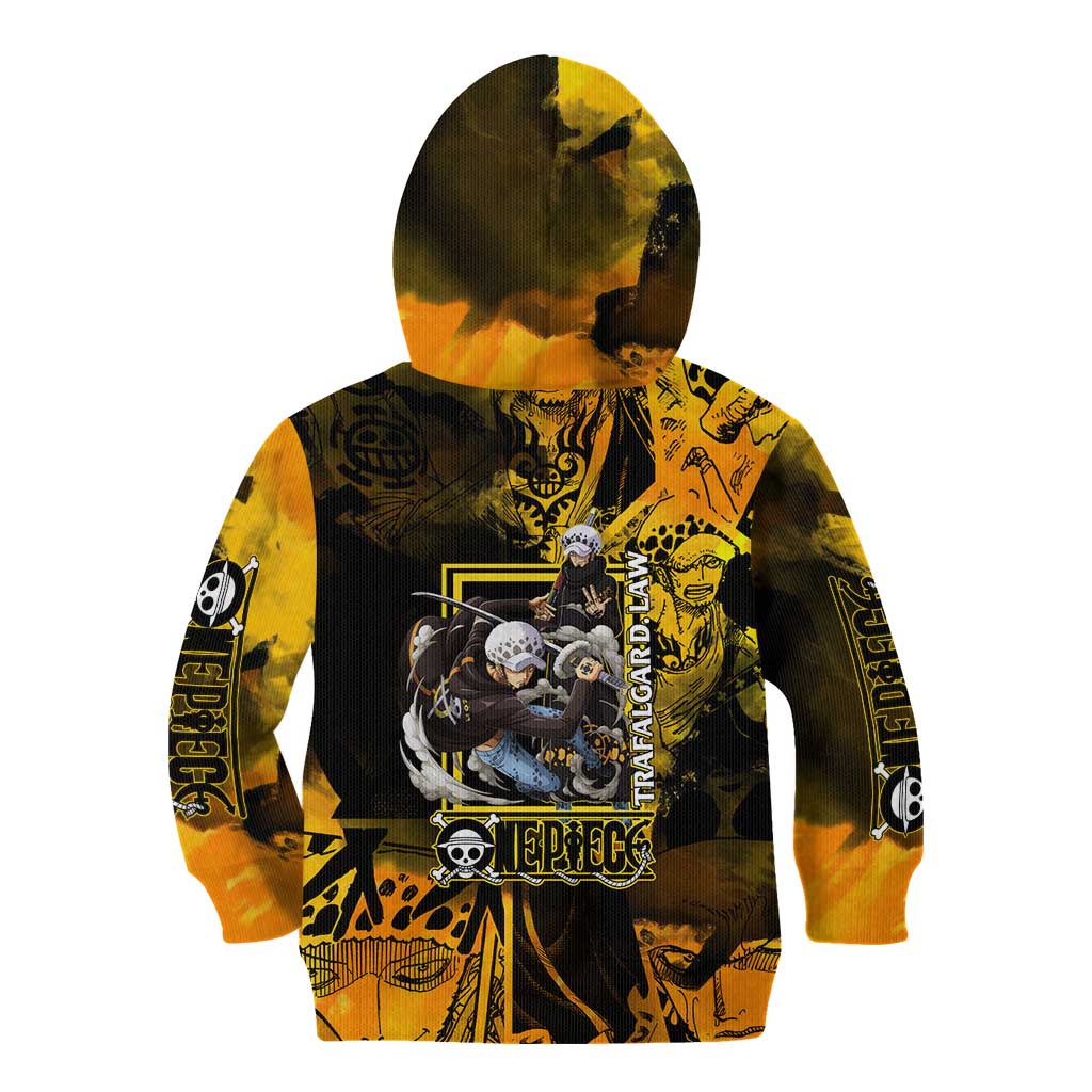 Trafalgar Law One Piece Yellow and Black Theme Kid Hoodie with Jolly Roger Symbol and Manga Panel Design - The Mazicc