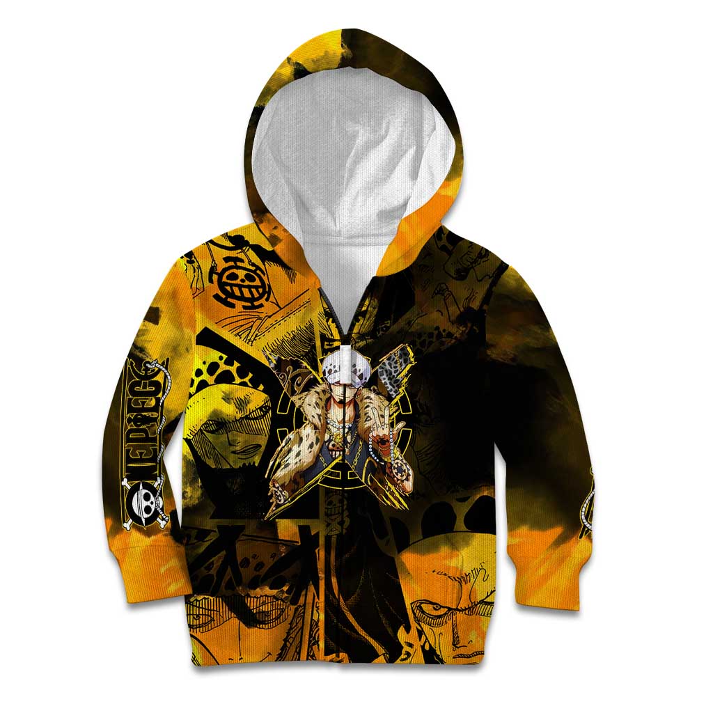 Trafalgar Law One Piece Yellow and Black Theme Kid Hoodie with Jolly Roger Symbol and Manga Panel Design - The Mazicc