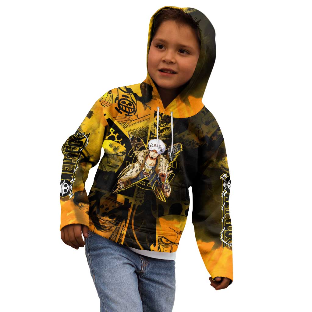 Trafalgar Law One Piece Yellow and Black Theme Kid Hoodie with Jolly Roger Symbol and Manga Panel Design - The Mazicc