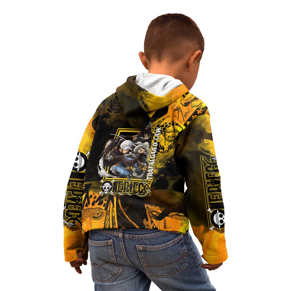 Trafalgar Law One Piece Yellow and Black Theme Kid Hoodie with Jolly Roger Symbol and Manga Panel Design - The Mazicc