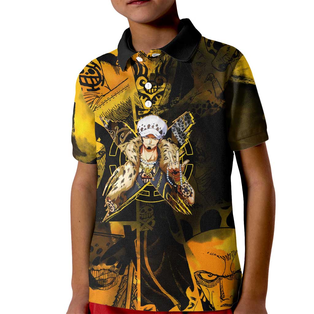 Trafalgar Law One Piece Yellow and Black Theme Kid Polo Shirt with Jolly Roger Symbol and Manga Panel Design - The Mazicc