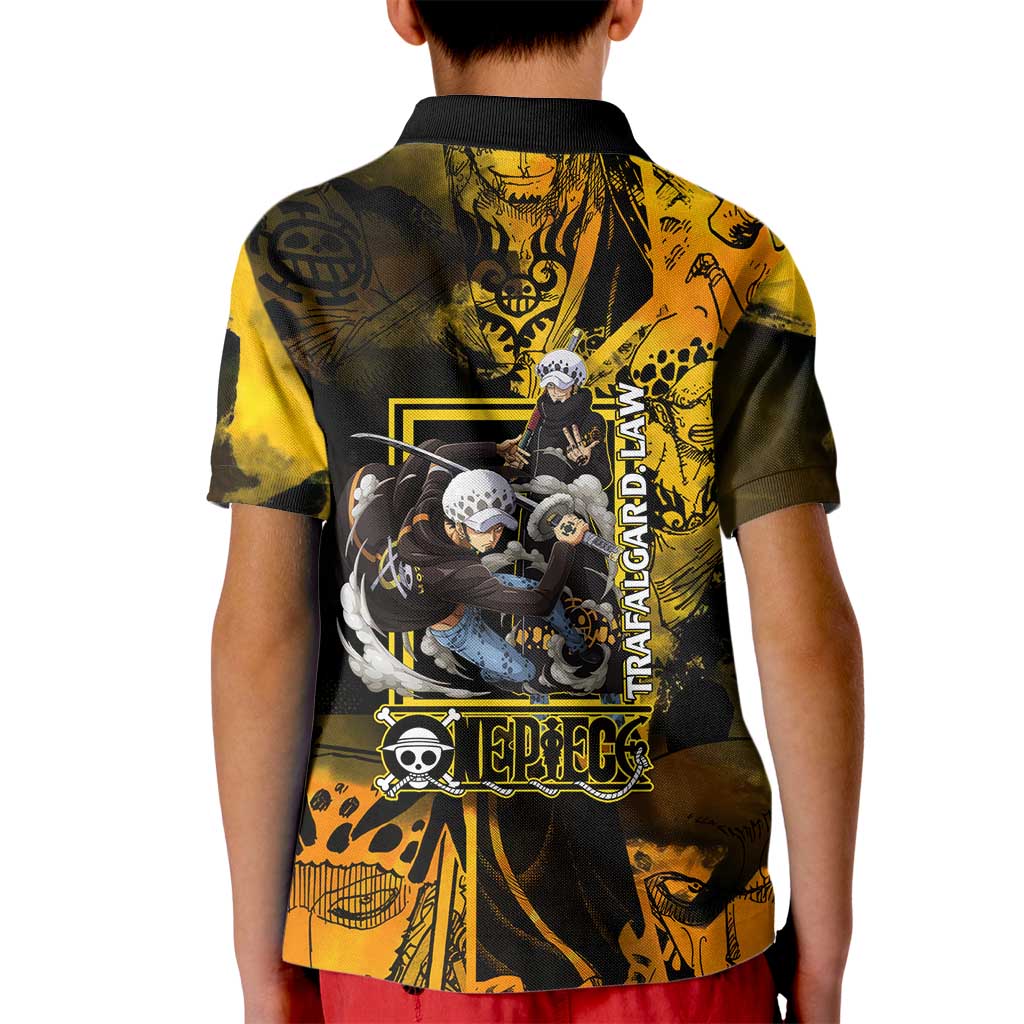 Trafalgar Law One Piece Yellow and Black Theme Kid Polo Shirt with Jolly Roger Symbol and Manga Panel Design - The Mazicc