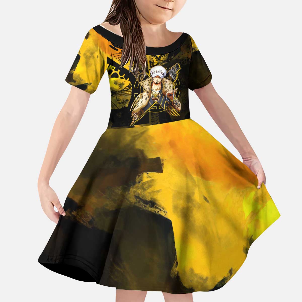 Trafalgar Law One Piece Yellow and Black Theme Kid Short Sleeve Dress with Jolly Roger Symbol and Manga Panel Design - The Mazicc