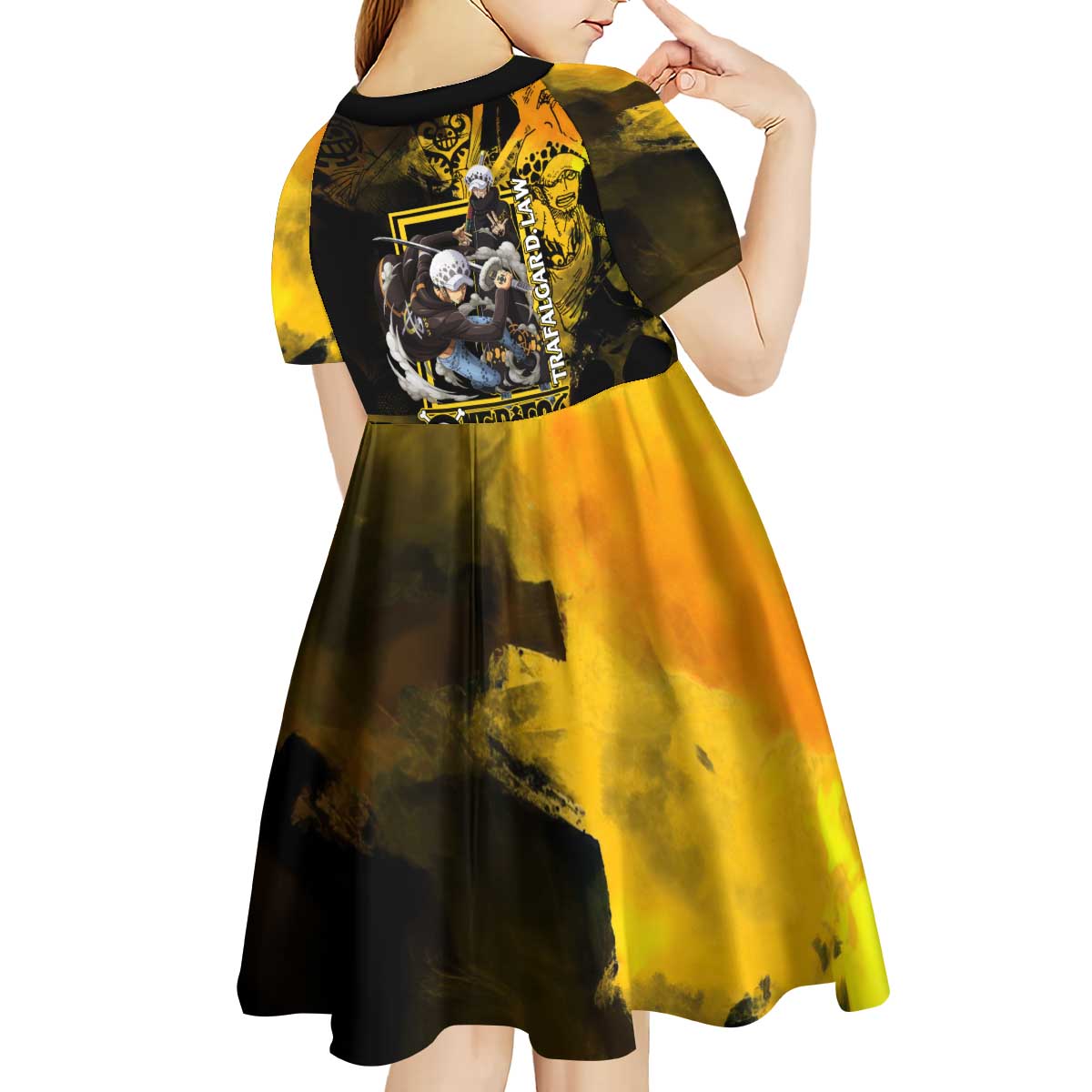 Trafalgar Law One Piece Yellow and Black Theme Kid Short Sleeve Dress with Jolly Roger Symbol and Manga Panel Design - The Mazicc