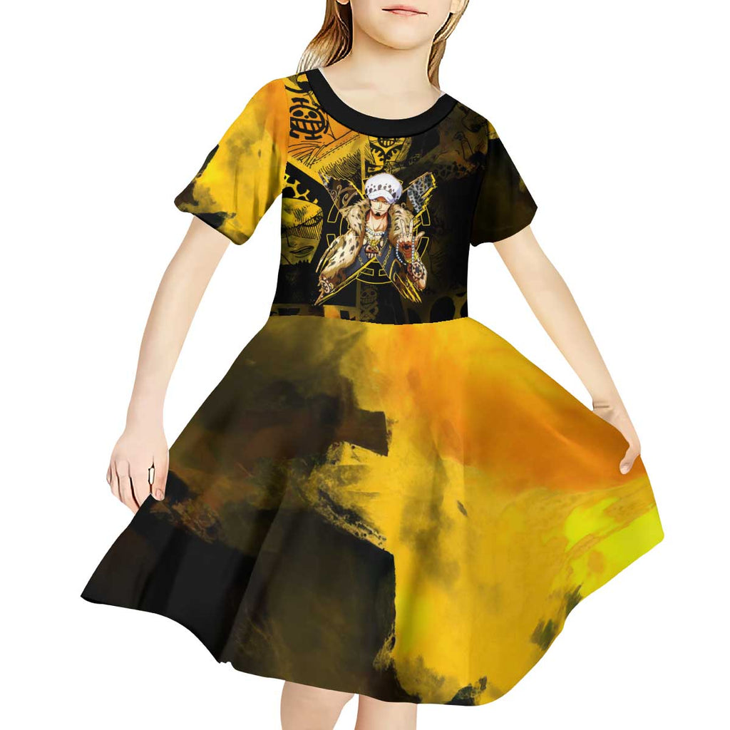 Trafalgar Law One Piece Yellow and Black Theme Kid Short Sleeve Dress with Jolly Roger Symbol and Manga Panel Design - The Mazicc