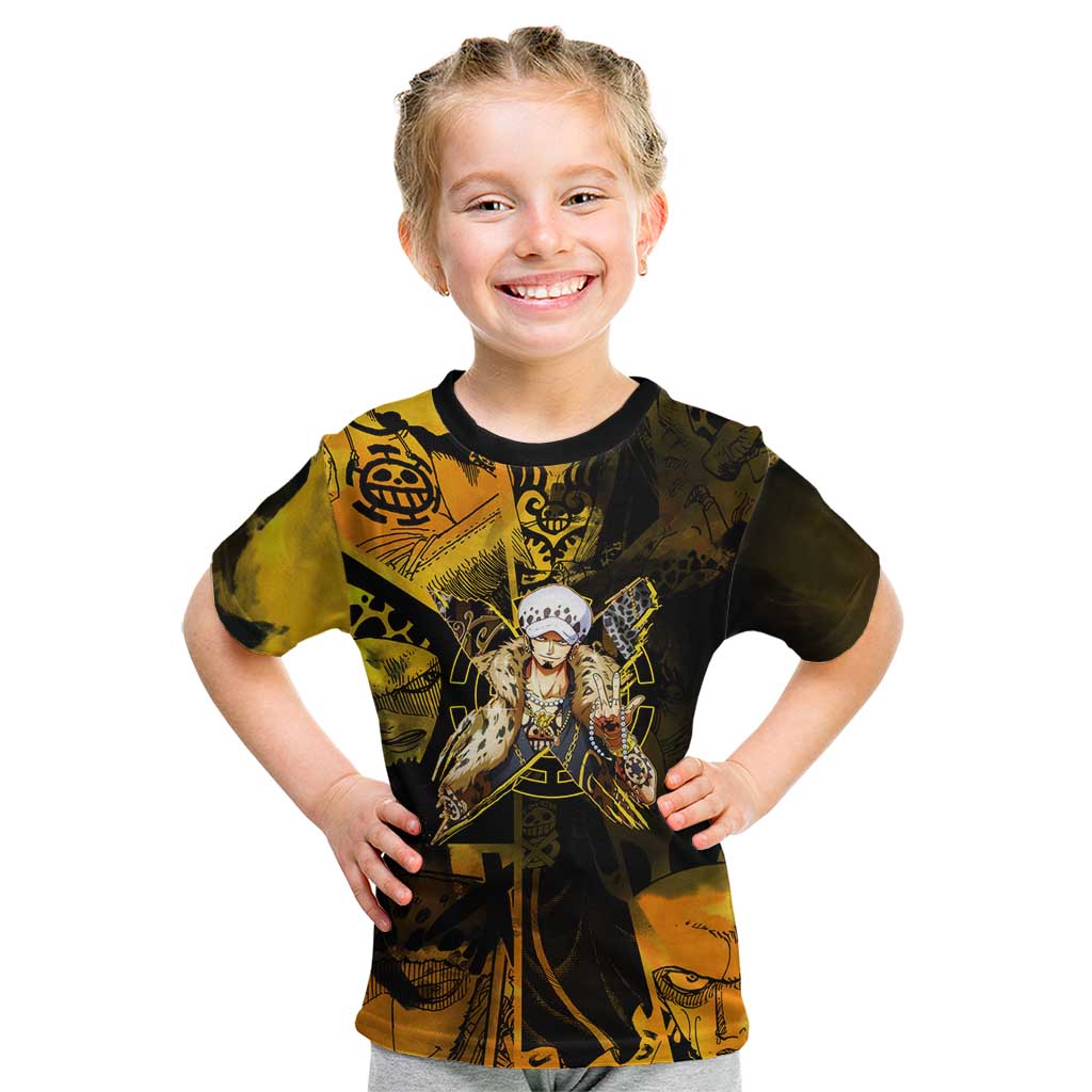 Trafalgar Law One Piece Yellow and Black Theme Kid T Shirt with Jolly Roger Symbol and Manga Panel Design - The Mazicc