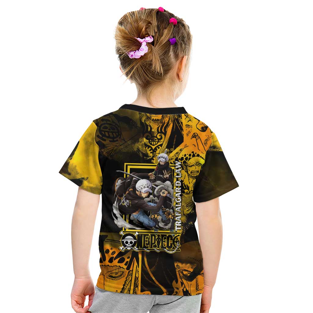 Trafalgar Law One Piece Yellow and Black Theme Kid T Shirt with Jolly Roger Symbol and Manga Panel Design - The Mazicc