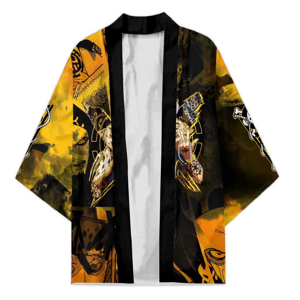 Trafalgar Law One Piece Yellow and Black Theme Kimono with Jolly Roger Symbol and Manga Panel Design - The Mazicc
