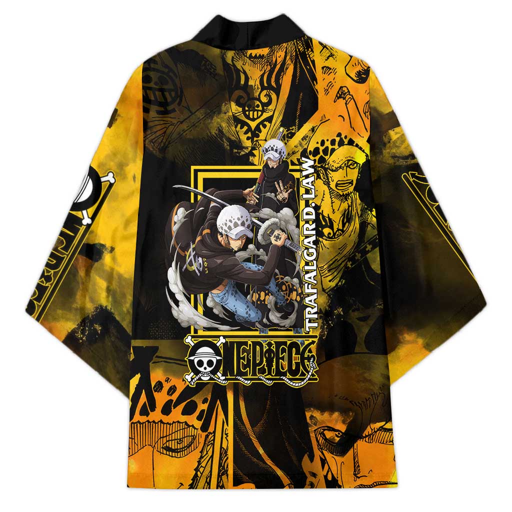 Trafalgar Law One Piece Yellow and Black Theme Kimono with Jolly Roger Symbol and Manga Panel Design - The Mazicc
