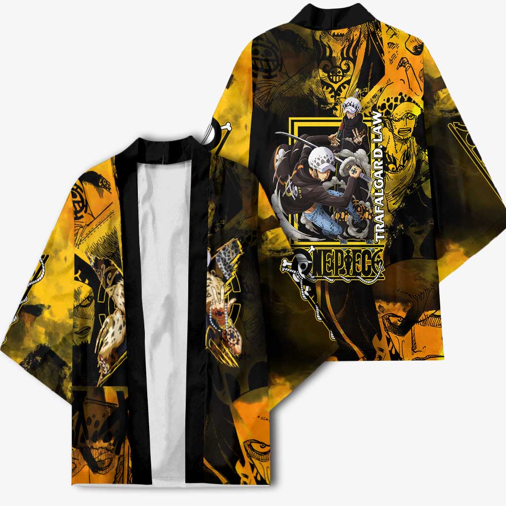 Trafalgar Law One Piece Yellow and Black Theme Kimono with Jolly Roger Symbol and Manga Panel Design - The Mazicc