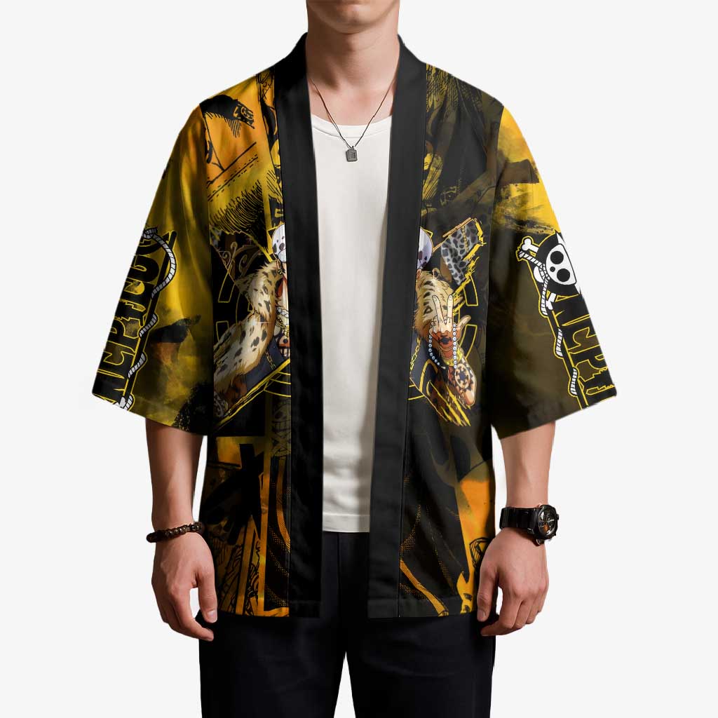 Trafalgar Law One Piece Yellow and Black Theme Kimono with Jolly Roger Symbol and Manga Panel Design - The Mazicc