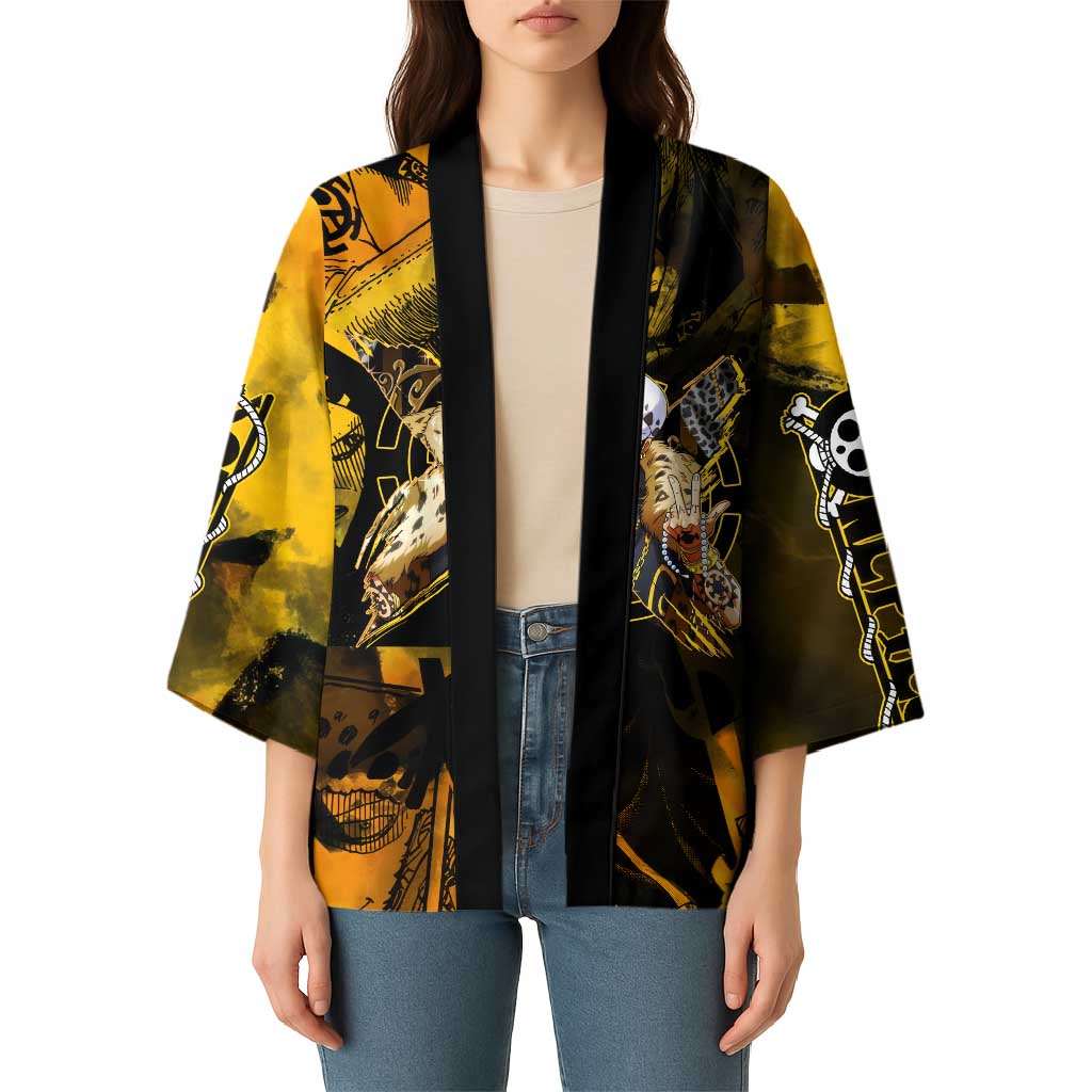 Trafalgar Law One Piece Yellow and Black Theme Kimono with Jolly Roger Symbol and Manga Panel Design - The Mazicc