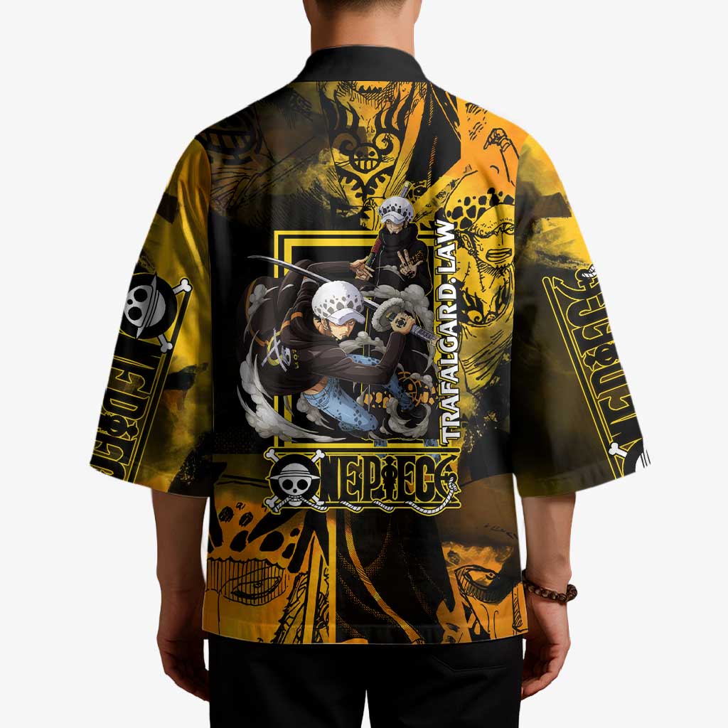 Trafalgar Law One Piece Yellow and Black Theme Kimono with Jolly Roger Symbol and Manga Panel Design - The Mazicc