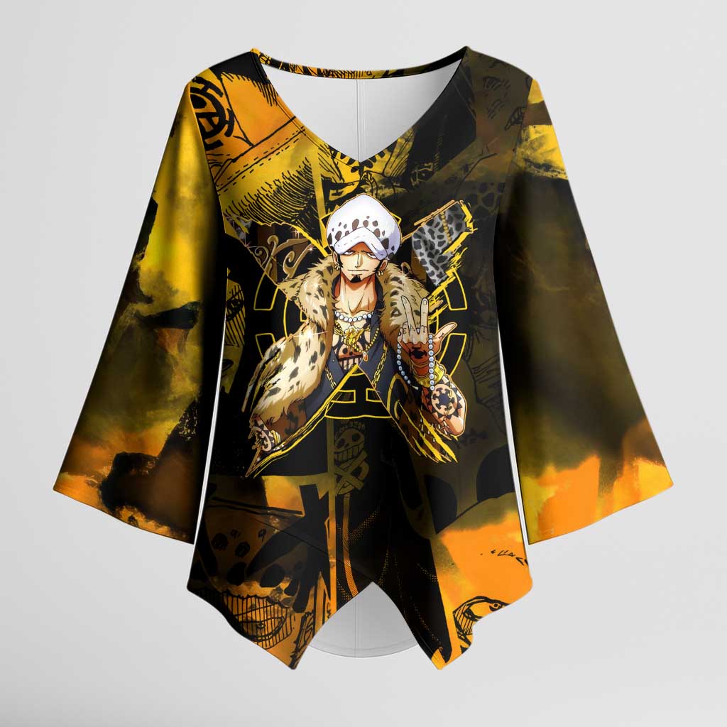 Trafalgar Law One Piece Yellow and Black Theme Kimono Sleeve Blouse with Jolly Roger Symbol and Manga Panel Design - The Mazicc