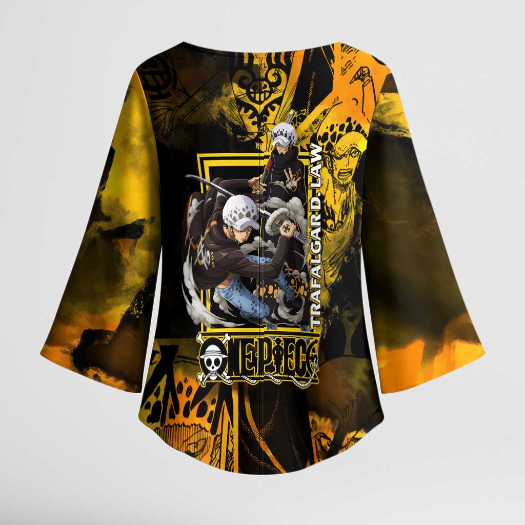 Trafalgar Law One Piece Yellow and Black Theme Kimono Sleeve Blouse with Jolly Roger Symbol and Manga Panel Design - The Mazicc